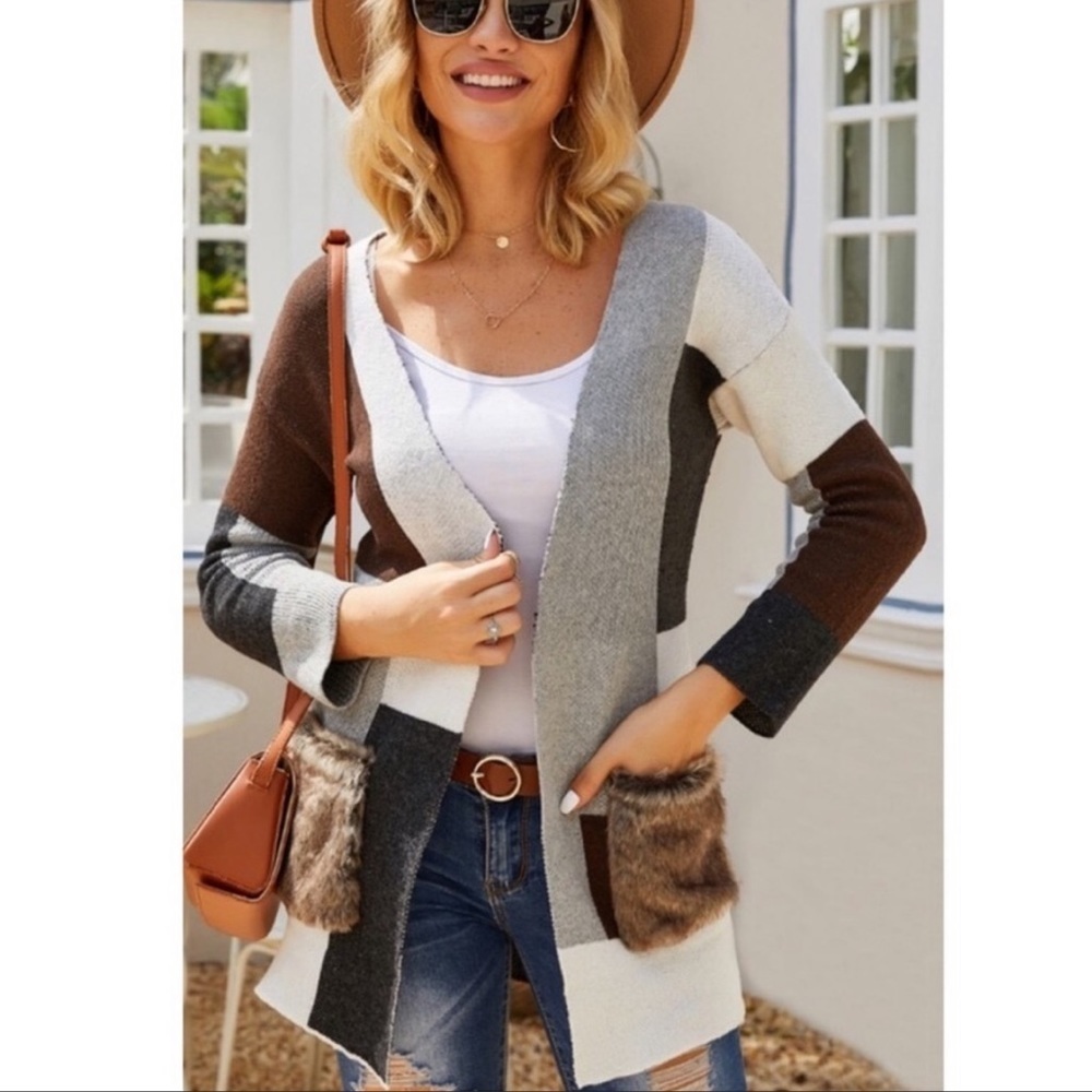 Color Block Cardigan Sweater Fur Patch Pockets